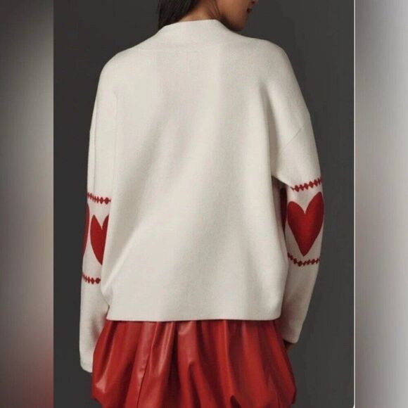 Anthropologie Maeve CARYS Mock Neck Sweater Womens Medium M Red Hearts Oversized - Picture 2 of 13